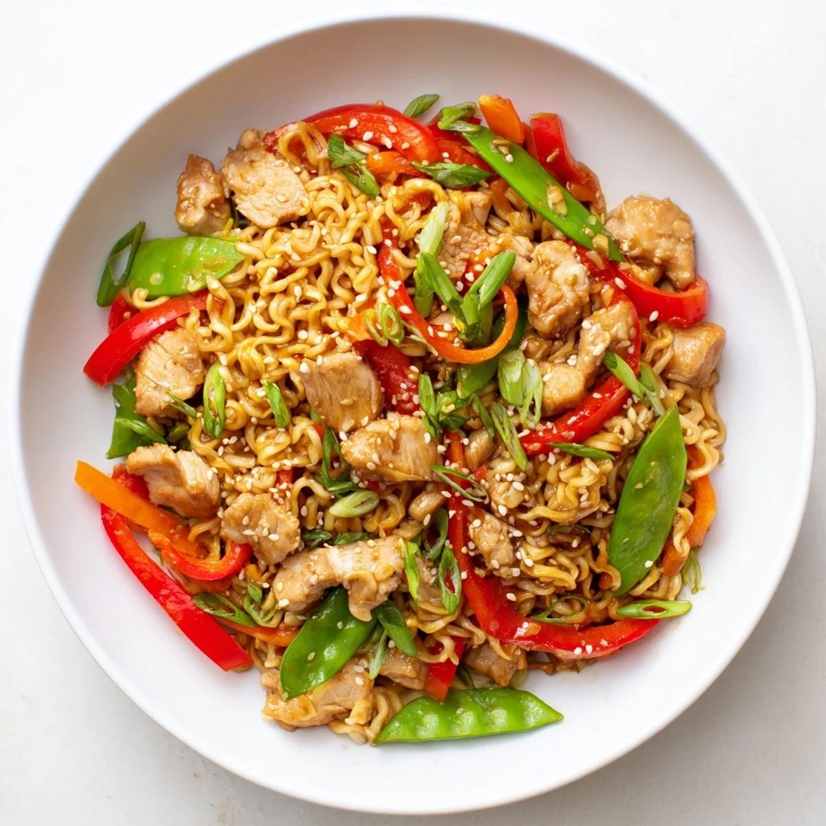 Golden sheet-pan crispy ramen with chicken, featuring visibly browned noodles and colorful roasted veggies.