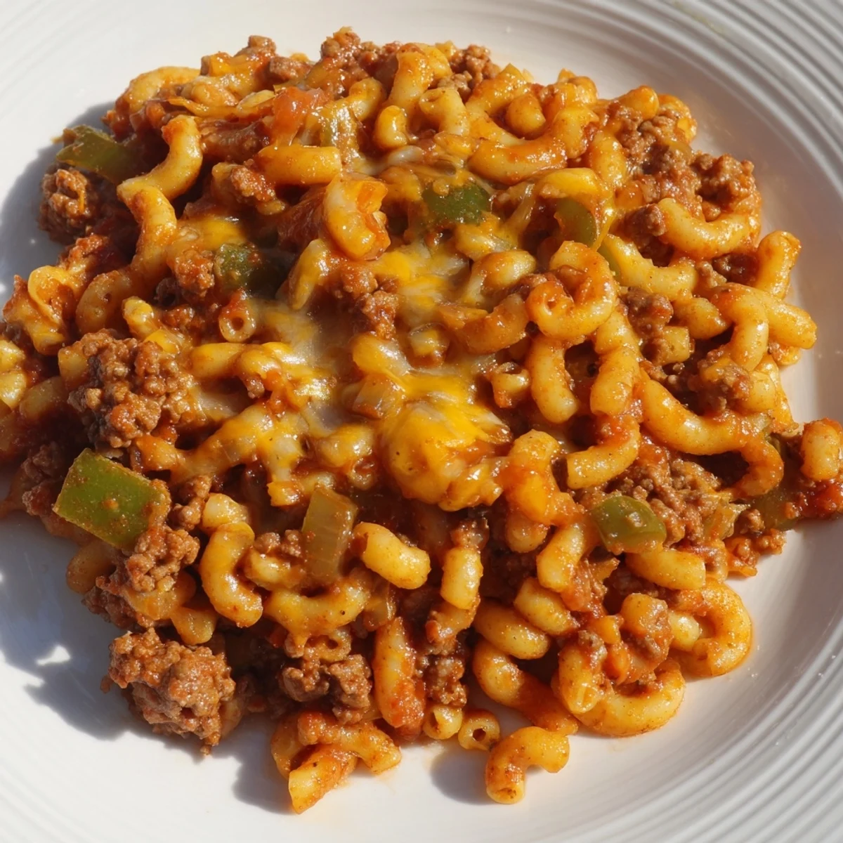Steaming hot Hamburger Casserole, showcasing macaroni, ground beef, and a rich tomato sauce, ready to serve.