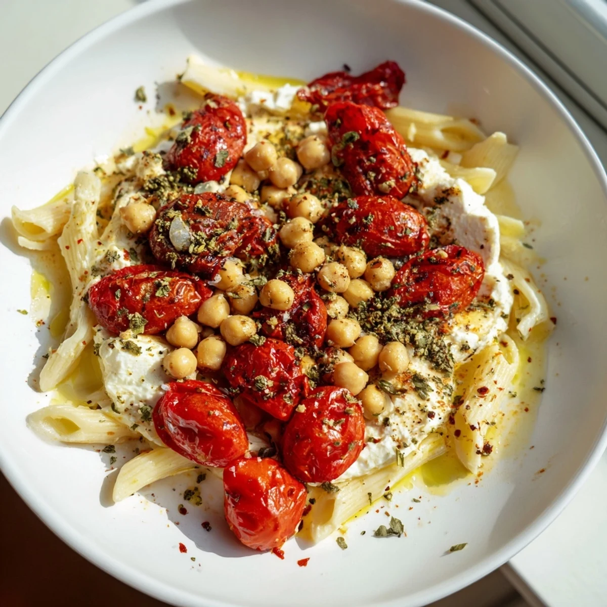 Golden baked feta, chickpeas, and tomatoes create a delicious sauce over pasta for this recipe.