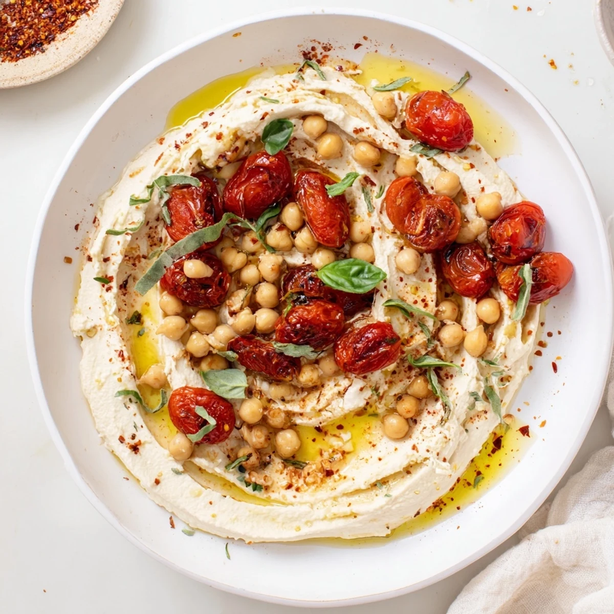 Savory Baked Feta Chickpeas & Tomatoes over pasta, with a creamy feta and tomato sauce, ready to eat.