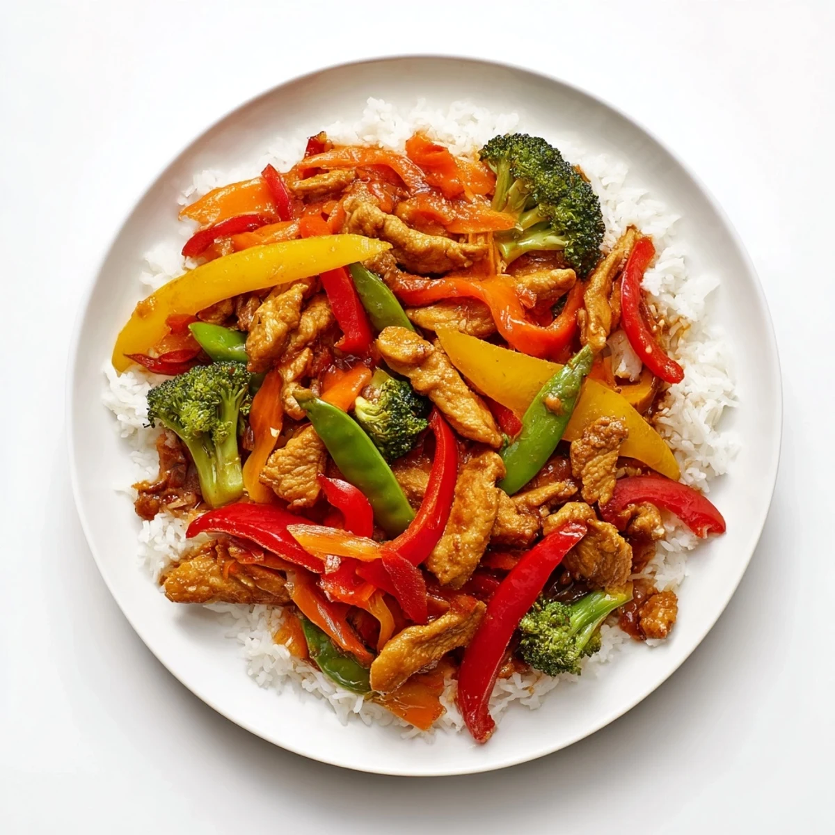 Savory chicken stir-fry dish featuring glistening sauce over chicken and fresh vegetables.