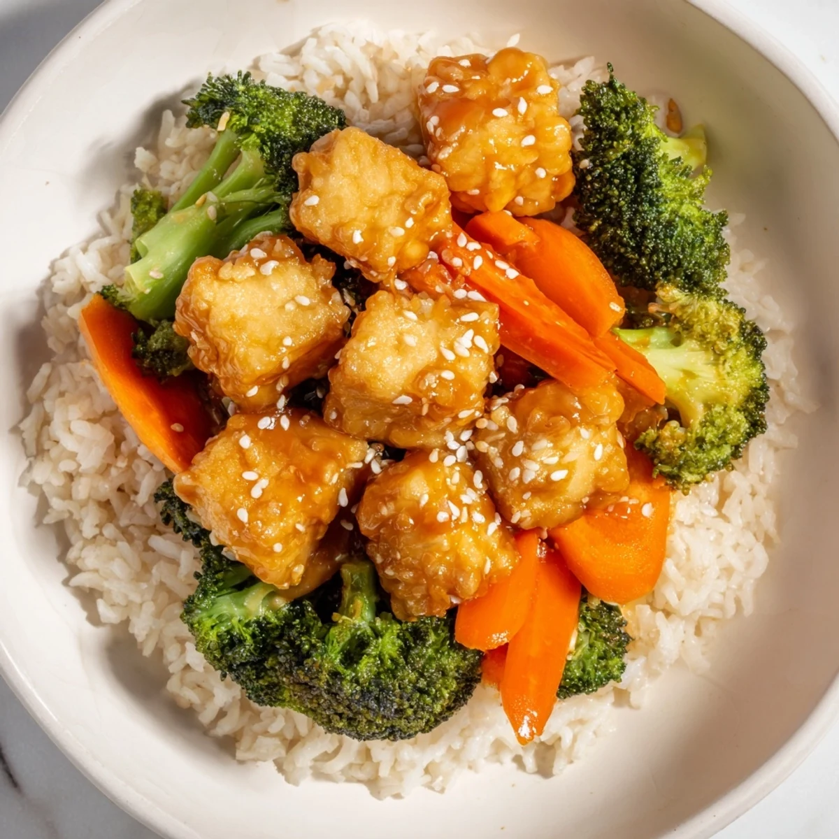 Crispy Sesame Tofu & Broccoli with fluffy rice, sprinkled with sesame seeds, looks delicious.