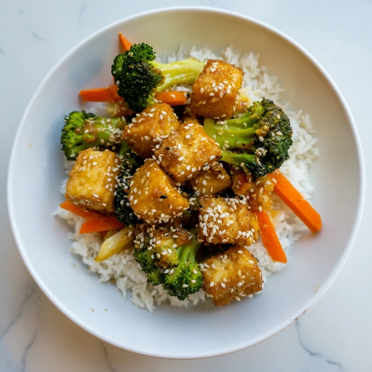 Enjoy a bowl of Sesame Tofu & Broccoli; tender broccoli and crispy tofu glistening with sauce.