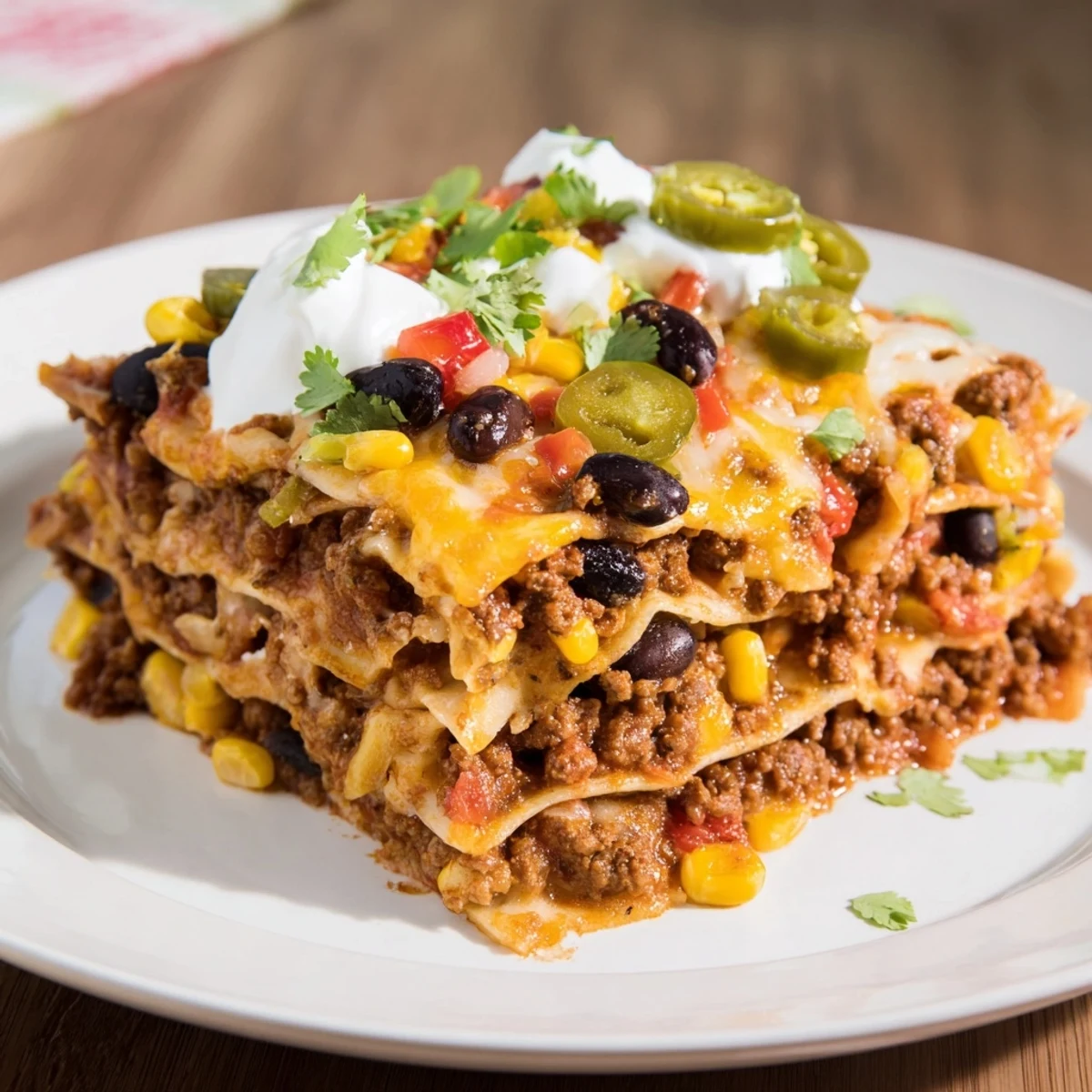A bubbling hot Taco Lasagna, layered with cheese and savory meat filling, ready to serve.