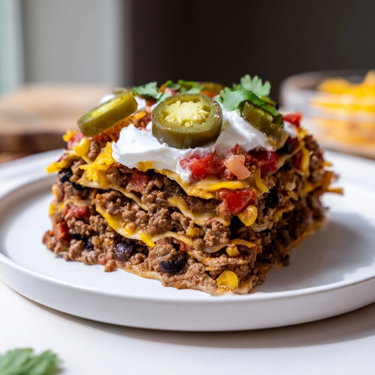 Deliciously cheesy Taco Lasagna, straight from the oven, featuring a colorful Tex-Mex fusion dinner.