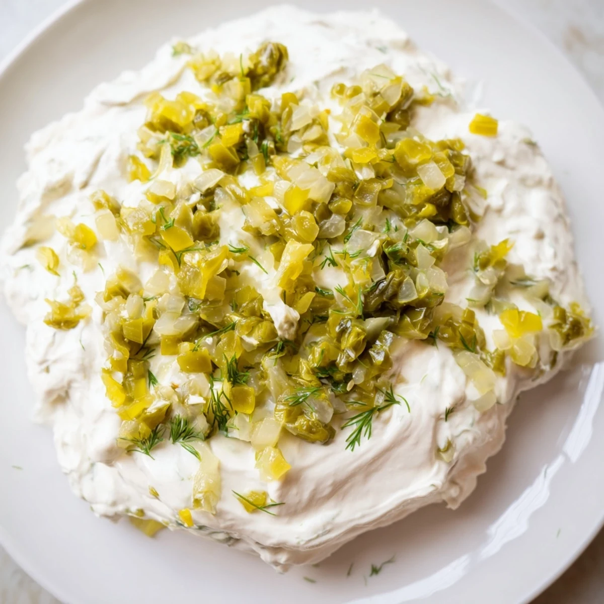 Creamy Sweet and Sour Pickle Relish Dip served in a bowl, perfect alongside crispy potato chips for dipping.
