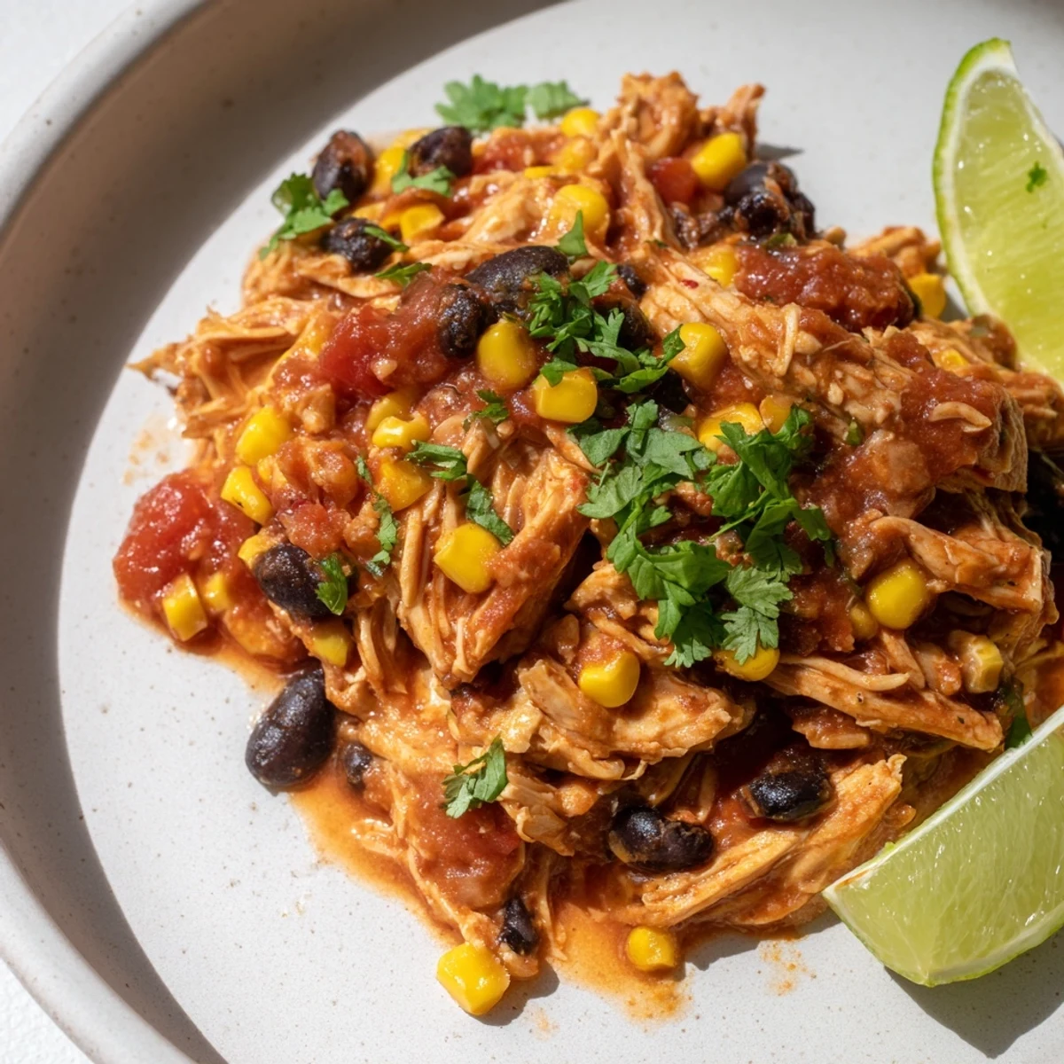 Slow cooker salsa chicken, vibrant red salsa coating tender shredded chicken, perfect for tacos.