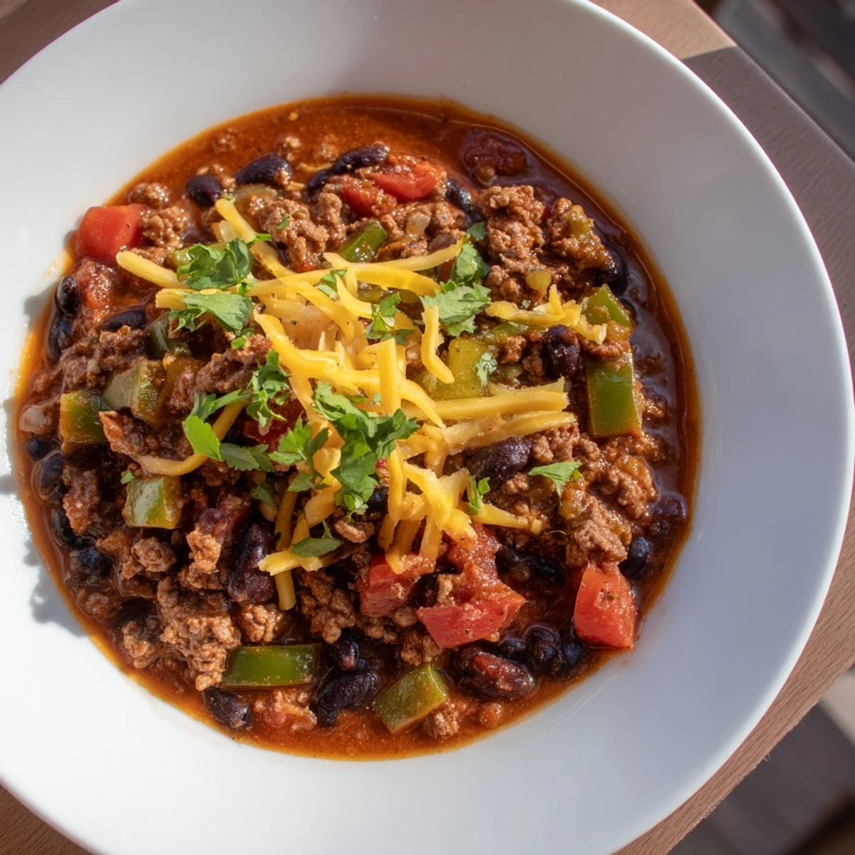 Steaming bowl of quick chili with canned beans, topped with fresh cilantro and a dollop of yogurt.
