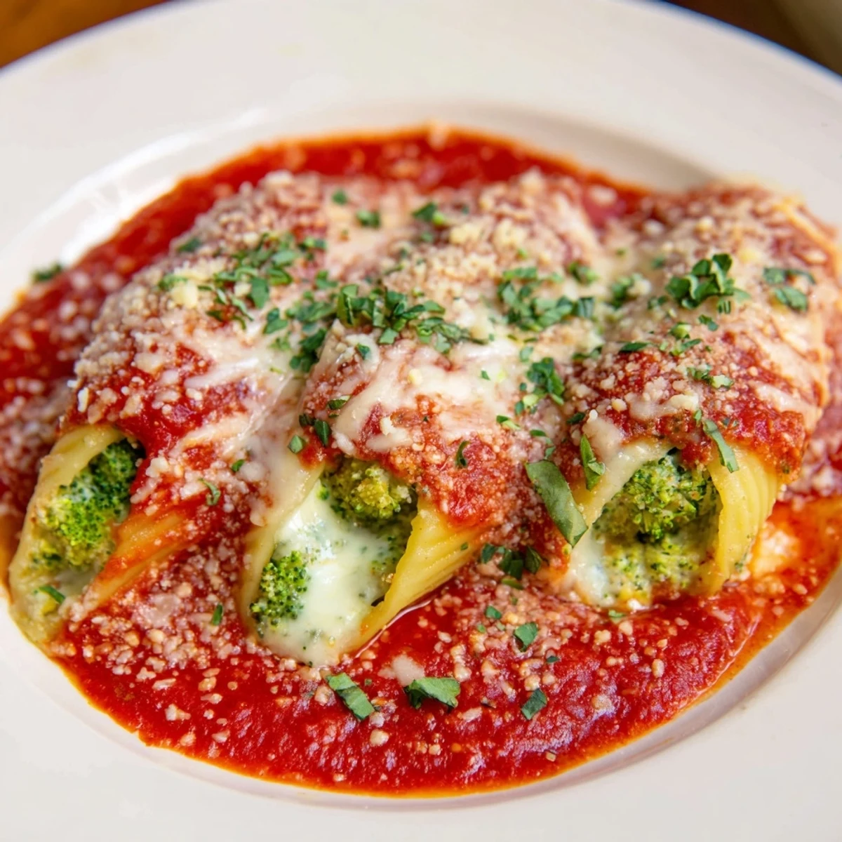 Cozy Broccoli Stuffed Manicotti bubbling in a rich marinara sauce with melted mozzarella topping.