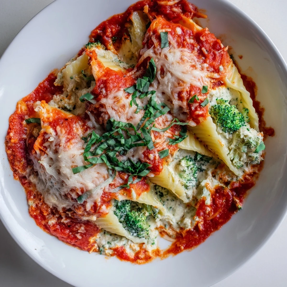Warm Cozy Broccoli Stuffed Manicotti, ready to serve, is garnished with fresh herbs.