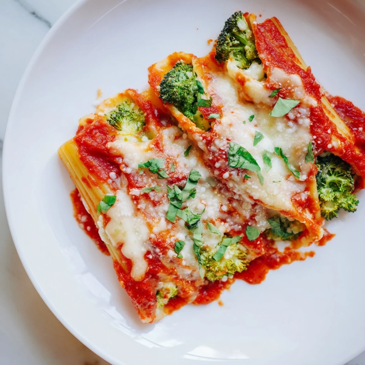 A close-up of baked Cozy Broccoli Stuffed Manicotti, showing the creamy filling inside pasta.