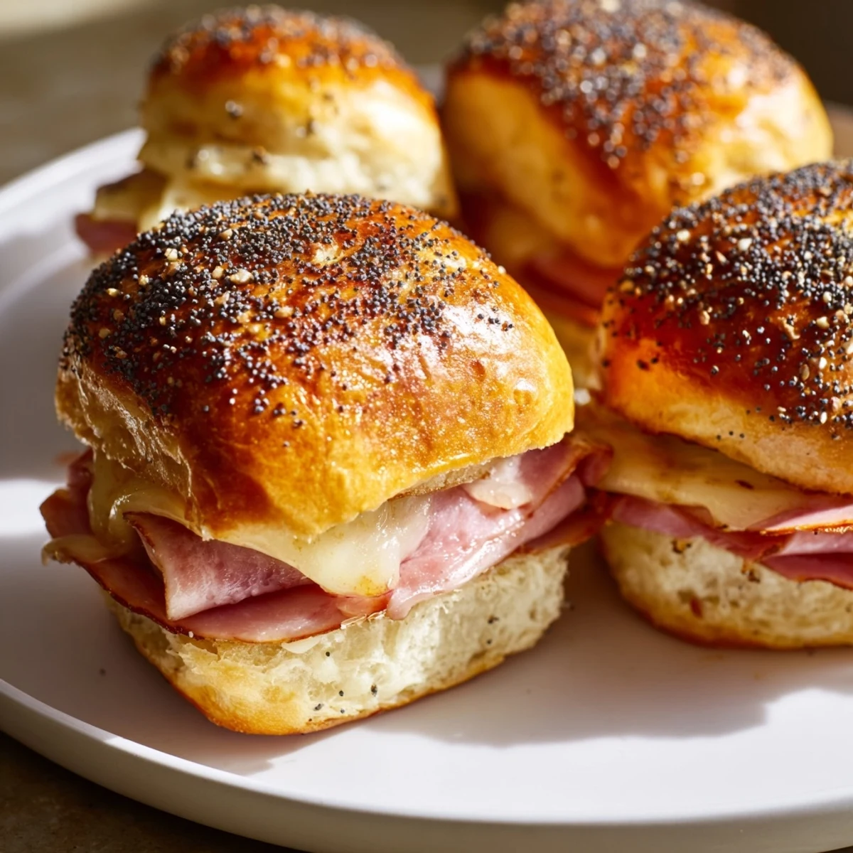 A tray of Baked Ham and Cheese Party Sliders, ready to serve warm and bubbly at any party.