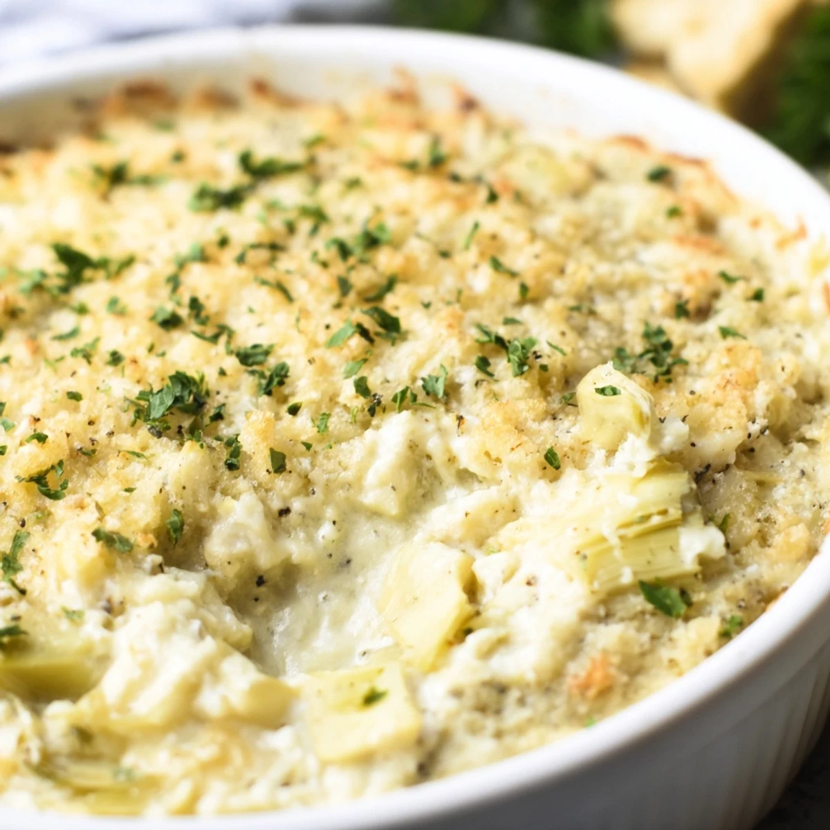 Warm and bubbly baked artichoke dip, a creamy cheese appetizer ready to scoop up.