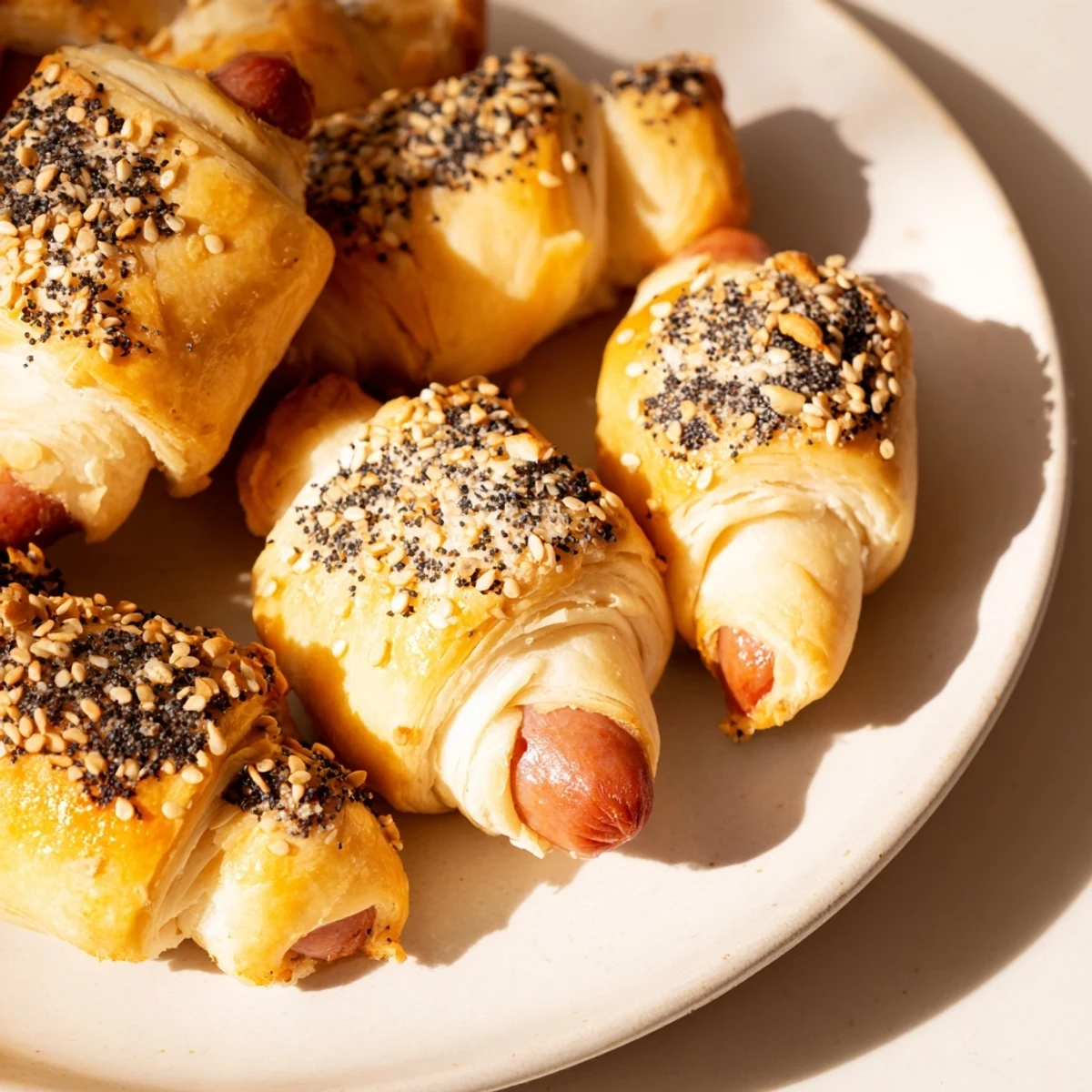 Golden brown Everything Bagel Pigs in a Blanket, ready to serve with a dipping sauce.