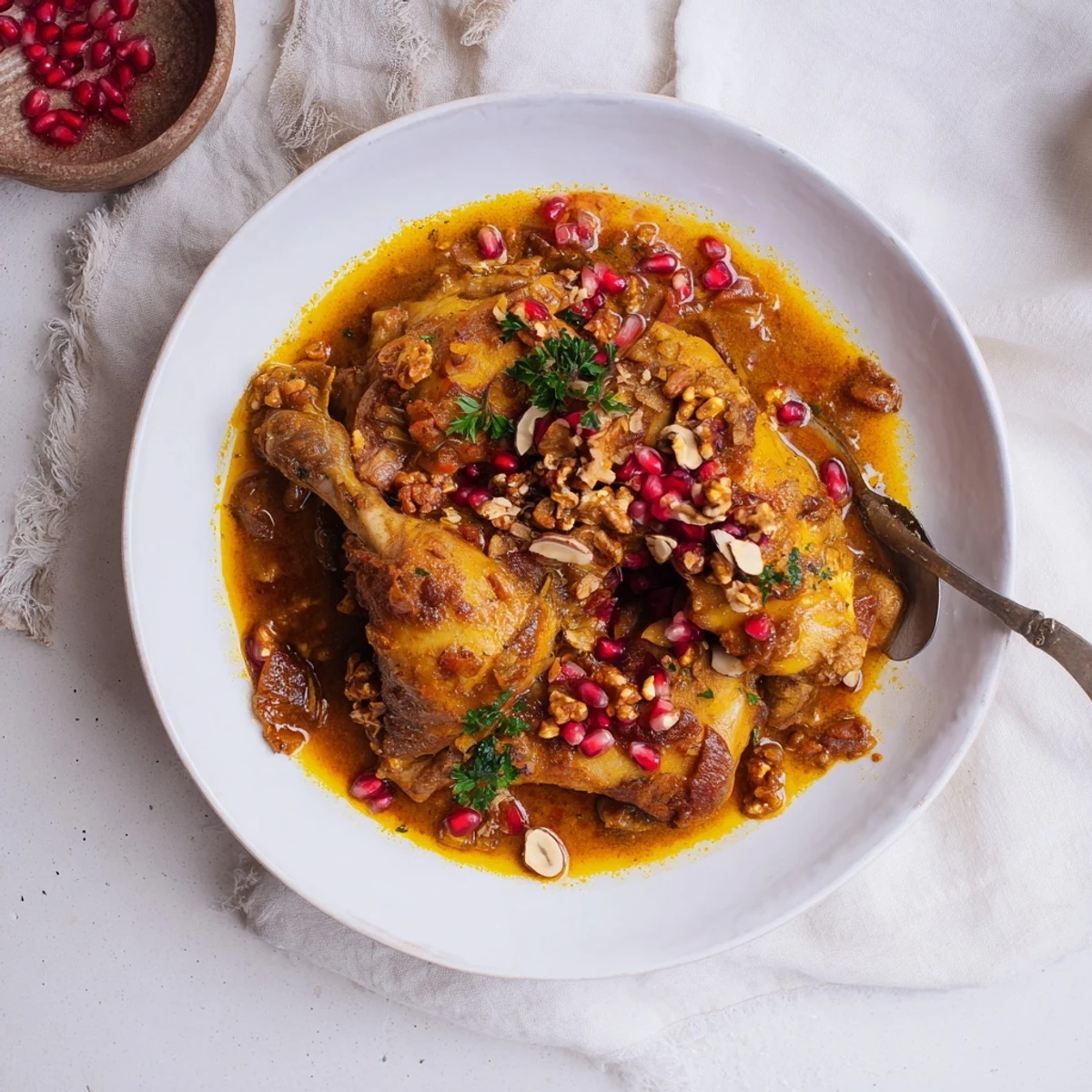 A steaming bowl of Pomegranate Walnut Fesenjan Stew with dark, glossy sauce and chicken.