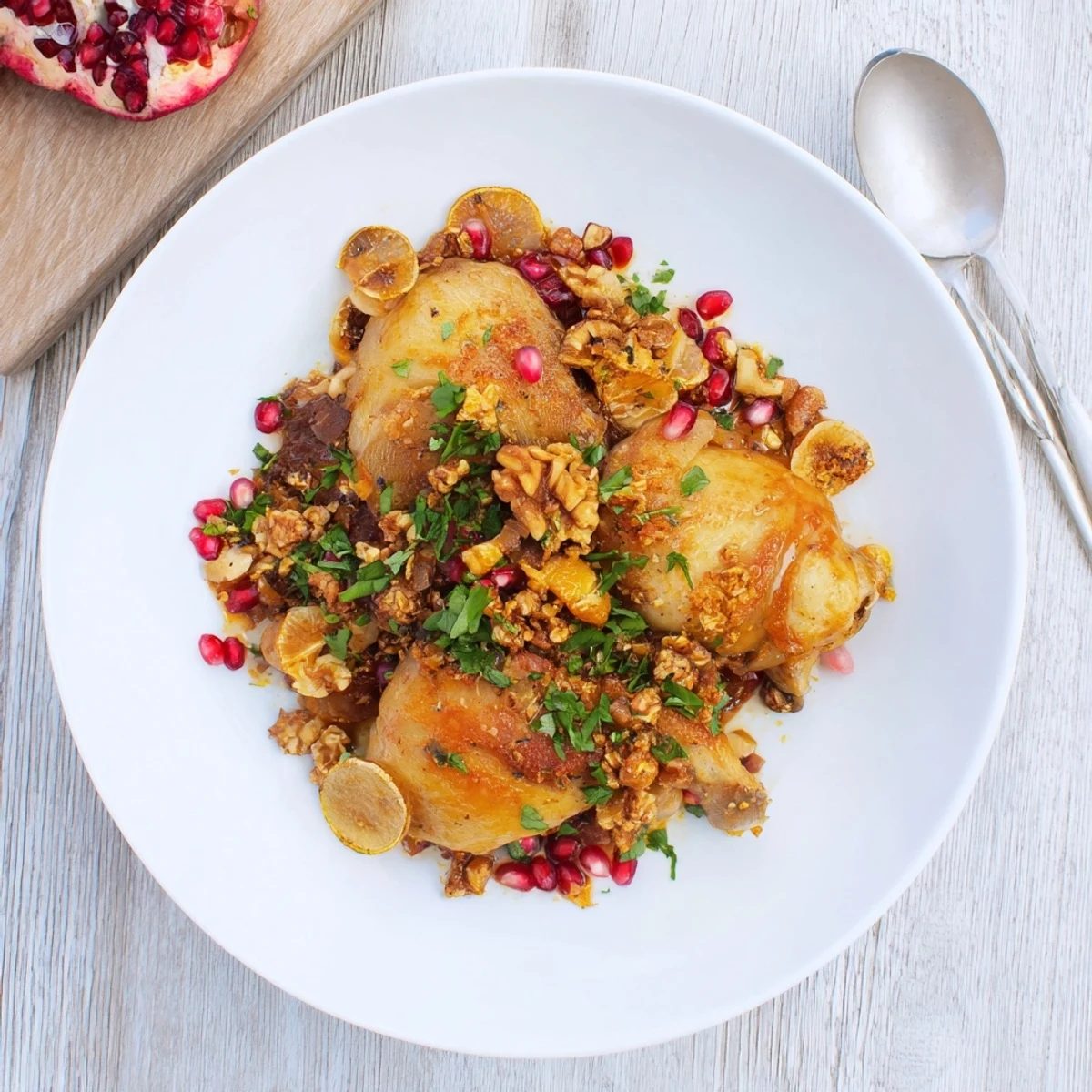 Rich and flavorful Pomegranate Walnut Fesenjan Stew, garnished with bright red pomegranate seeds.