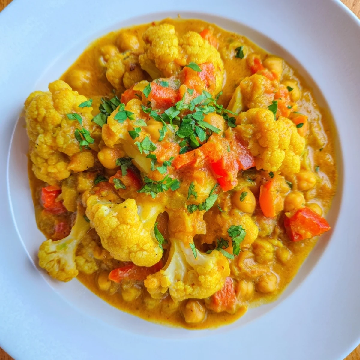 Steaming bowl of curried cauliflower and chickpea stew, topped with fresh cilantro garnish.