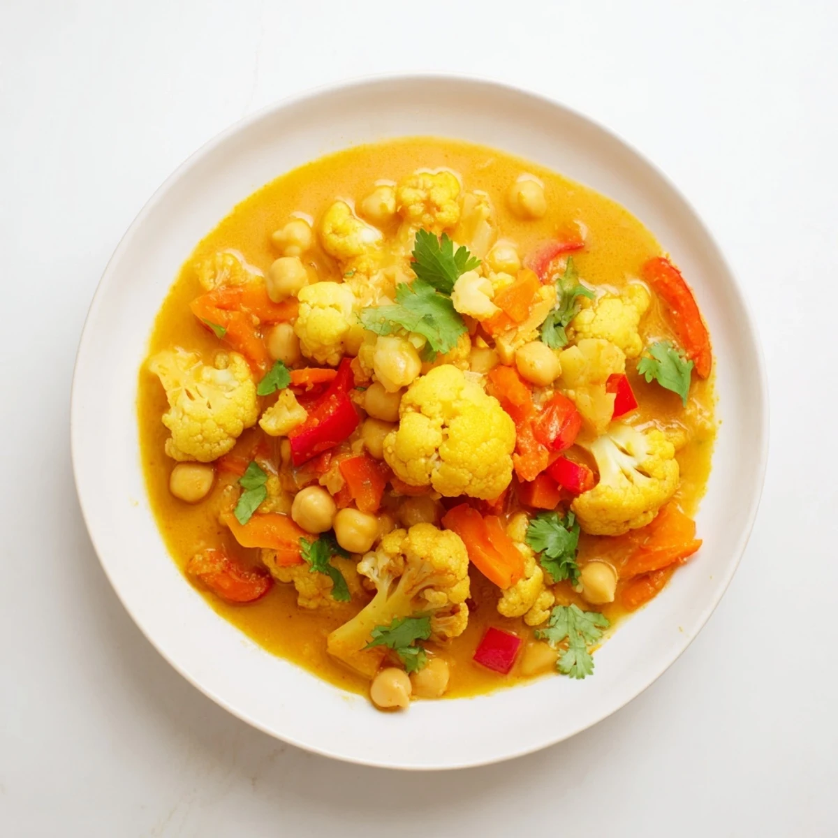 A flavorful, warming bowl of curried cauliflower and chickpea stew, served with a lime wedge.
