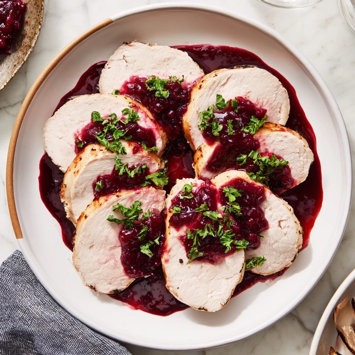 Tender, glistening Tart Cherry Date Glazed Pork Tenderloin served with a vibrant cherry-date sauce, ready to enjoy.