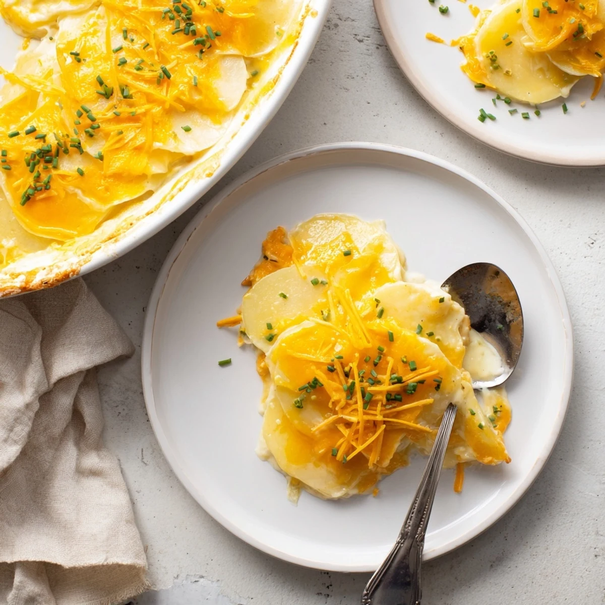 This photo shows creamy cheesy scalloped potatoes fresh from the oven, ready to serve with a garnish.