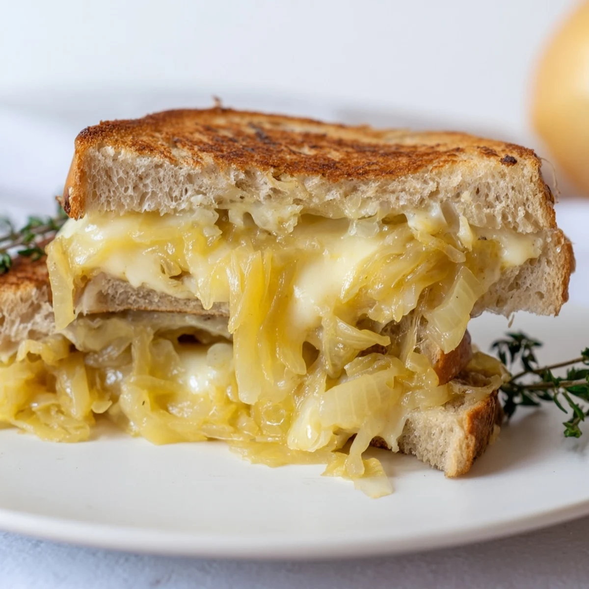 Golden, bubbly French onion grilled cheese sandwich with oozing cheese and caramelized onions.