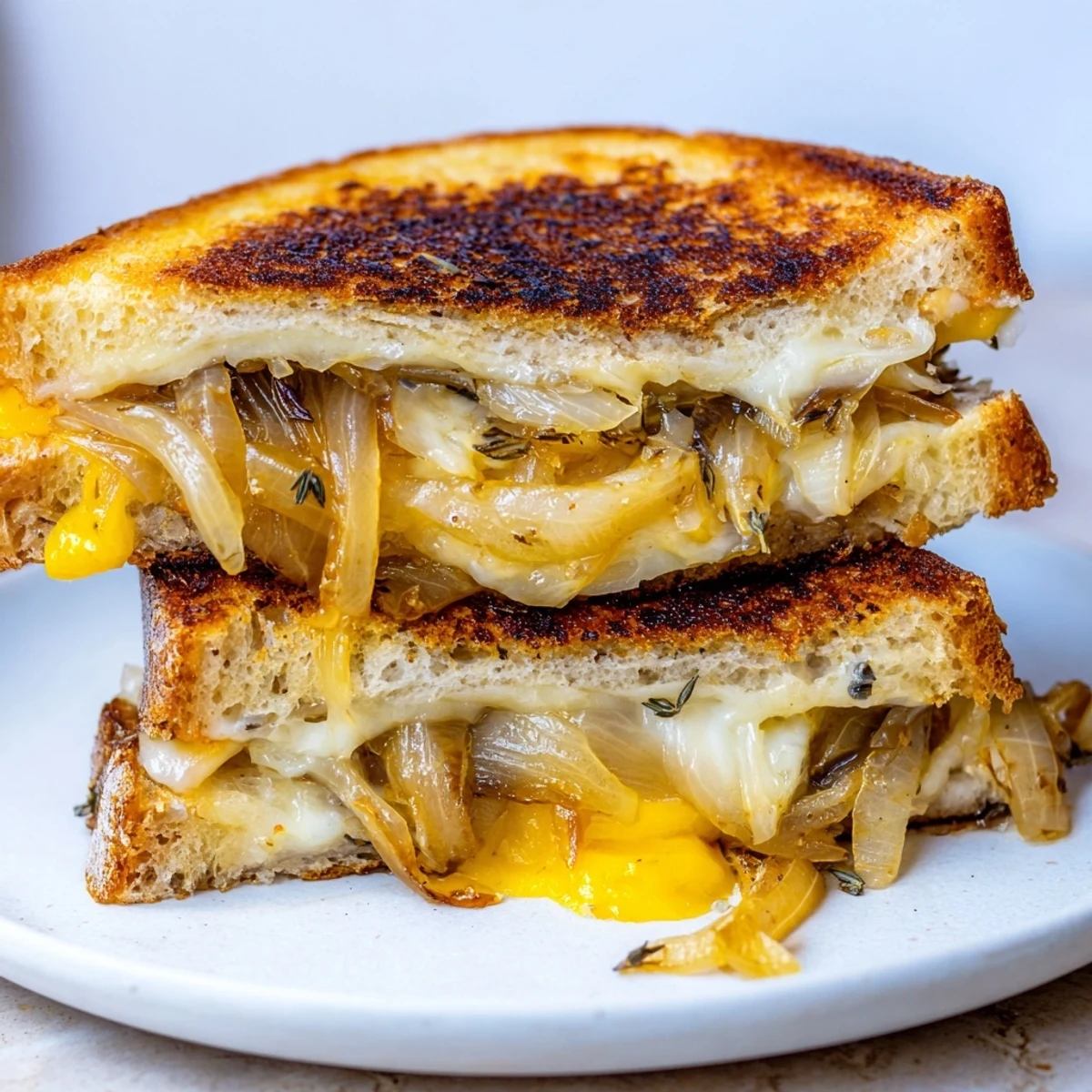 A close-up of a perfectly grilled French onion grilled cheese, ready to be sliced and enjoyed.