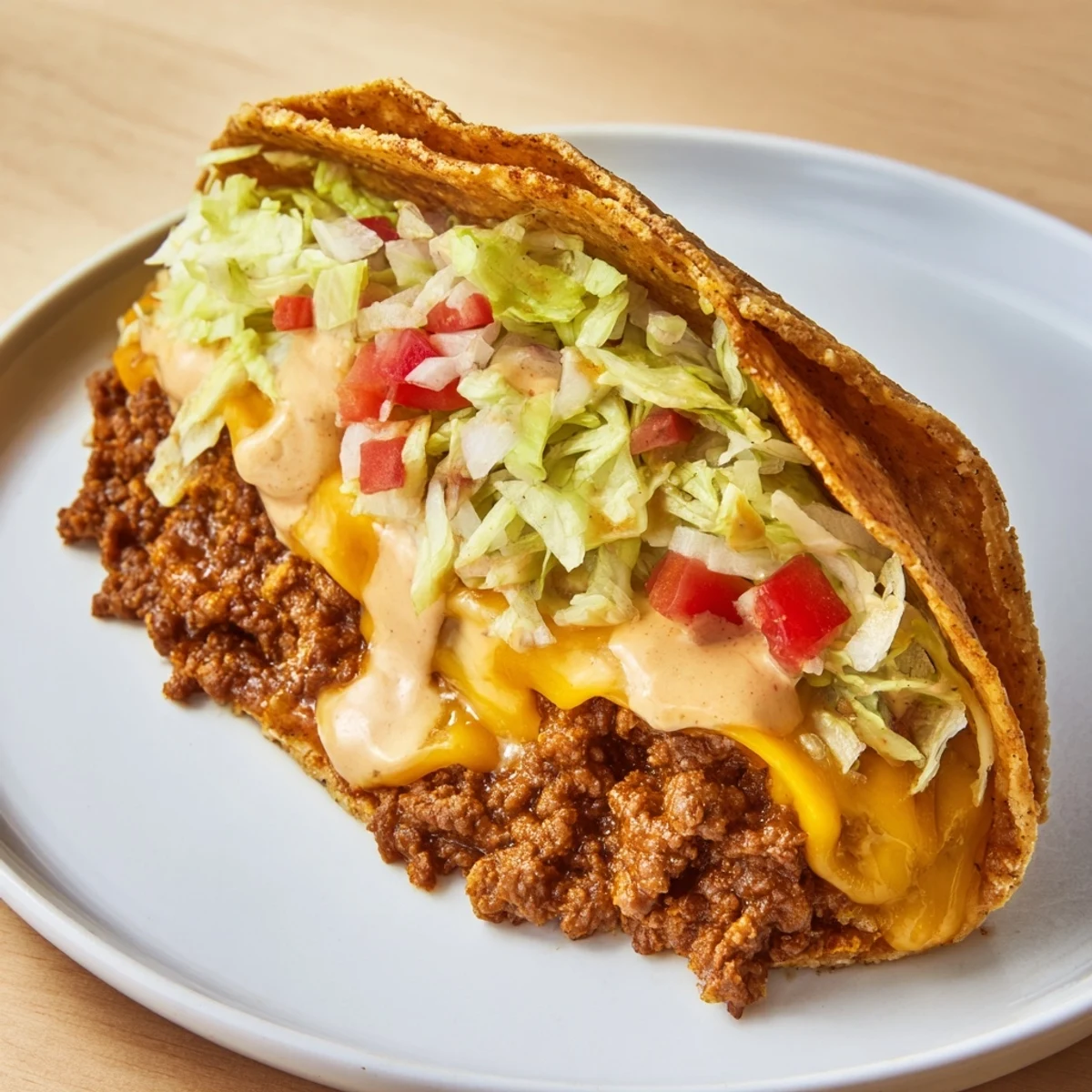 Warm, melted cheese oozes from a delicious Cheesy Gordita Crunch taco, ready to be devoured.