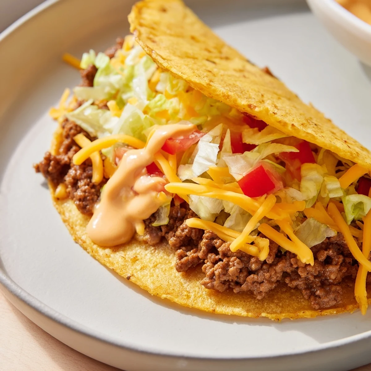 A close-up of a loaded Cheesy Gordita Crunch taco with seasoned beef and melted cheddar cheese.
