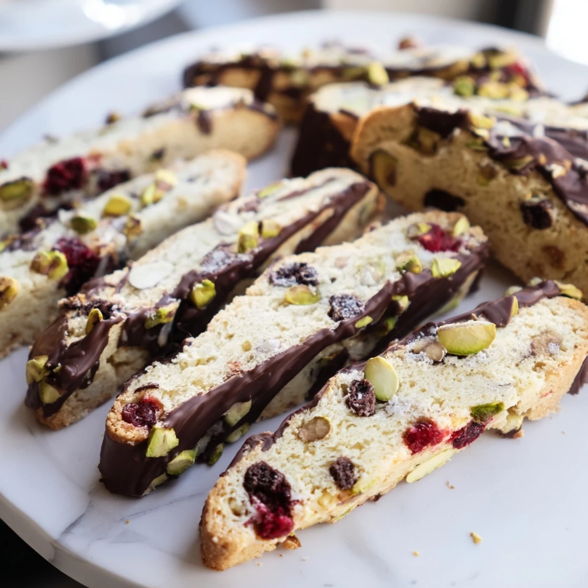 Golden-brown White Chocolate Cranberry Pistachio Biscotti, perfect for sharing with friends and family.