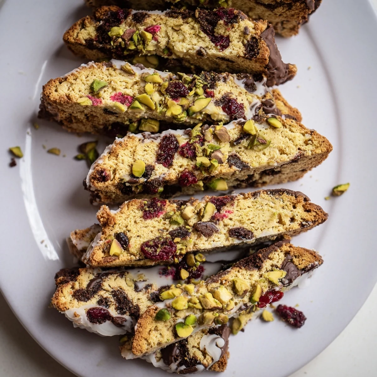 A close-up of crispy, twice-baked White Chocolate Cranberry Pistachio Biscotti, drizzled with white chocolate.
