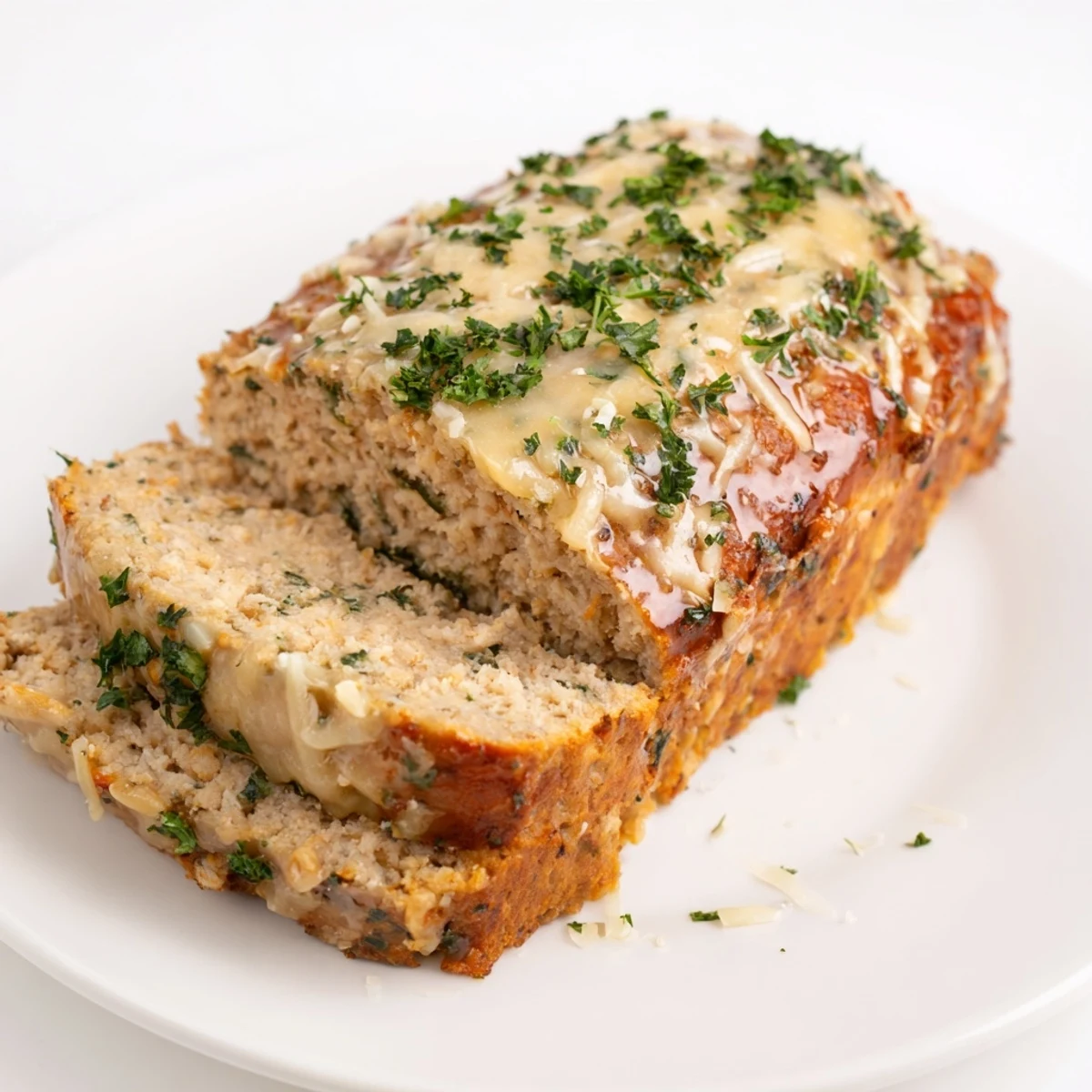 Oven-baked juicy garlic Parmesan chicken meatloaf, sizzling with a golden, cheesy glaze, ready to serve.