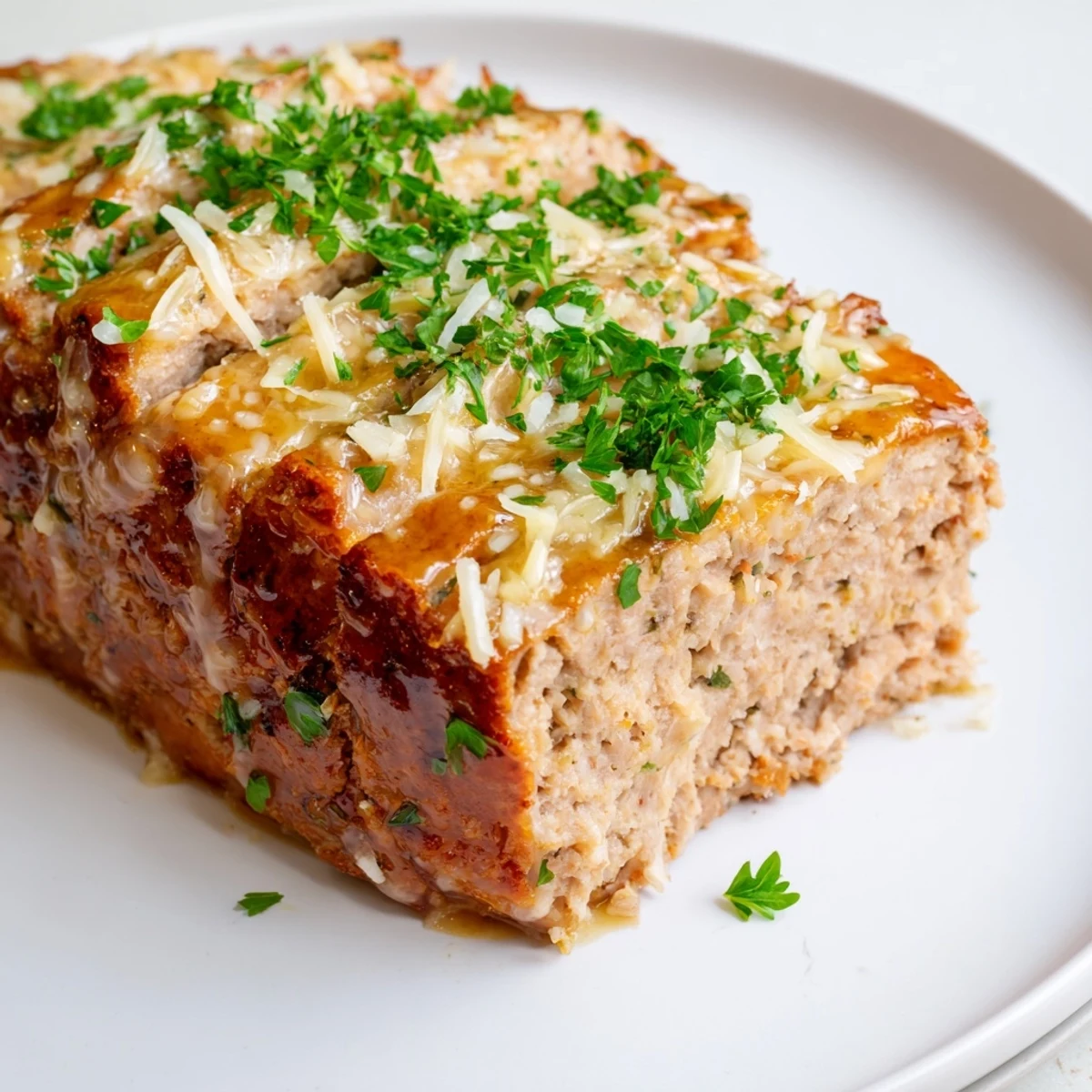 Tender slices of garlic Parmesan chicken meatloaf with fresh parsley, a warm, savory comfort food classic.