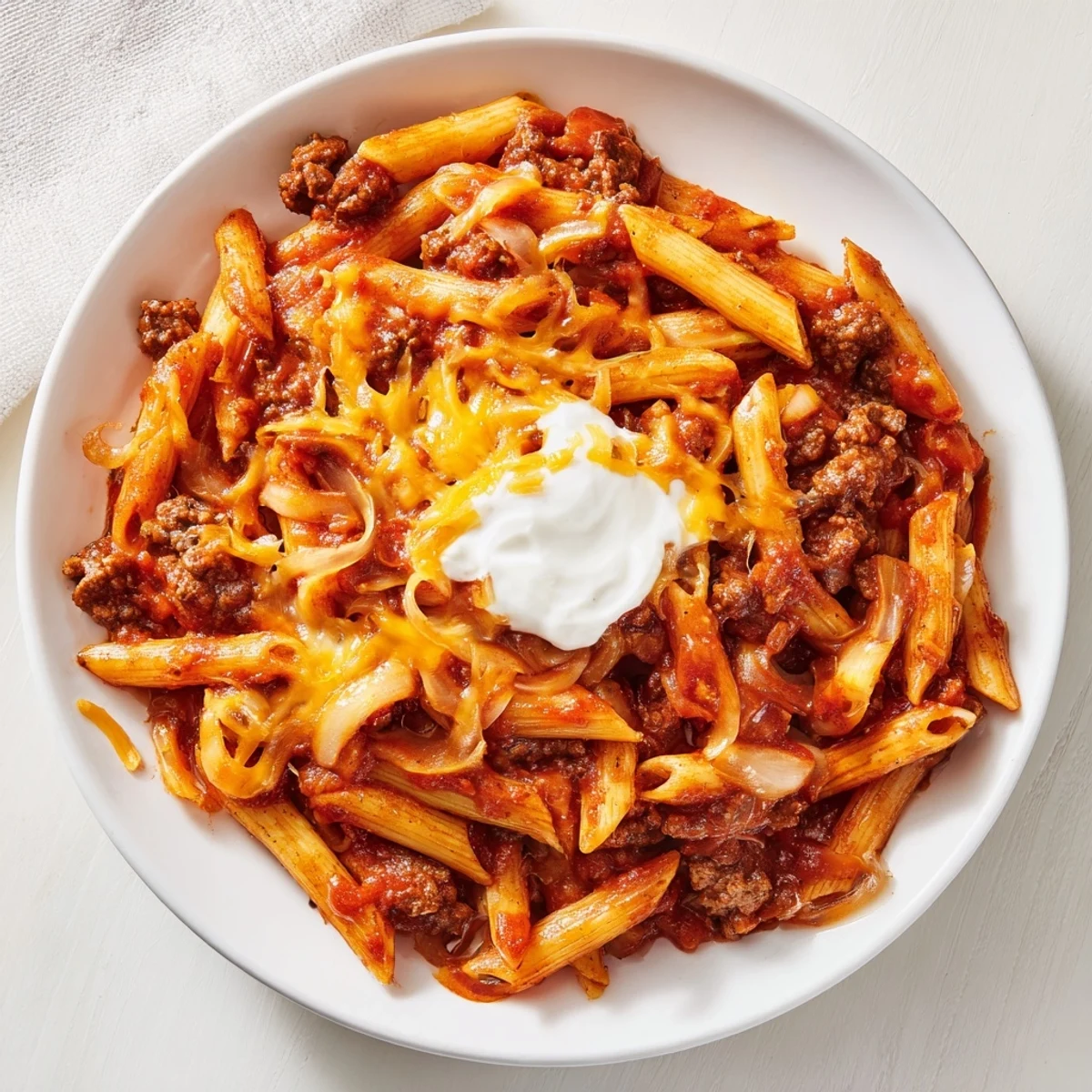 Easy Beef Enchilada Pasta, a one-pot meal, features tender pasta, ground beef, and melted cheddar.