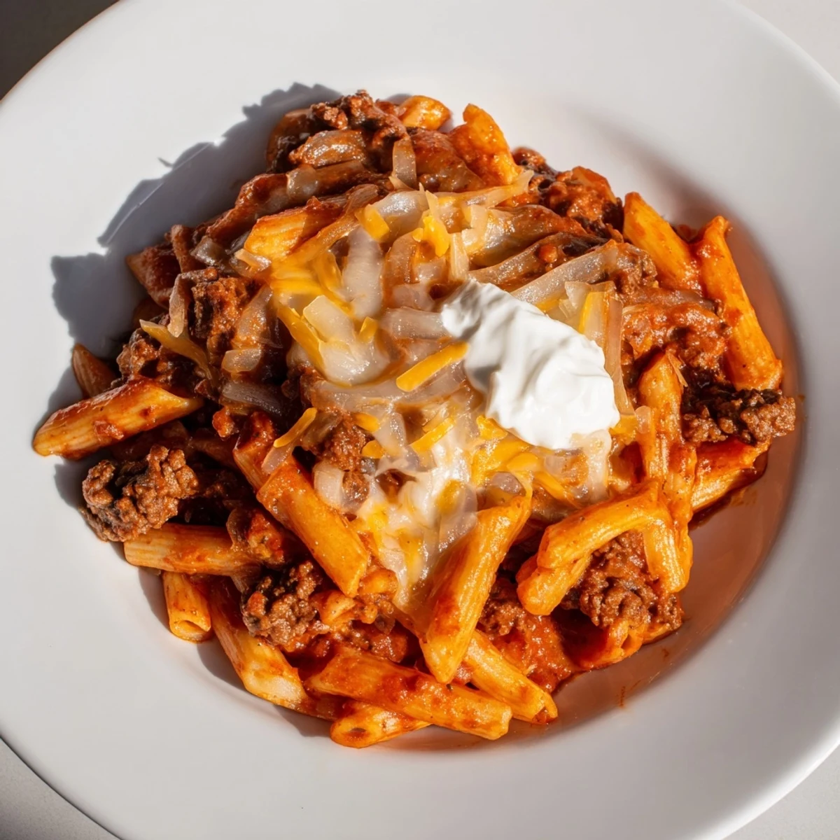Savory Easy Beef Enchilada Pasta, garnished with cheese and sour cream: a comforting dinner idea.