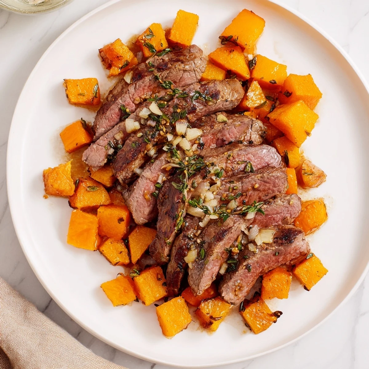Juicy garlic-herb steak over sweet roasted butternut squash, featured in the flavorful Steak Bowls.