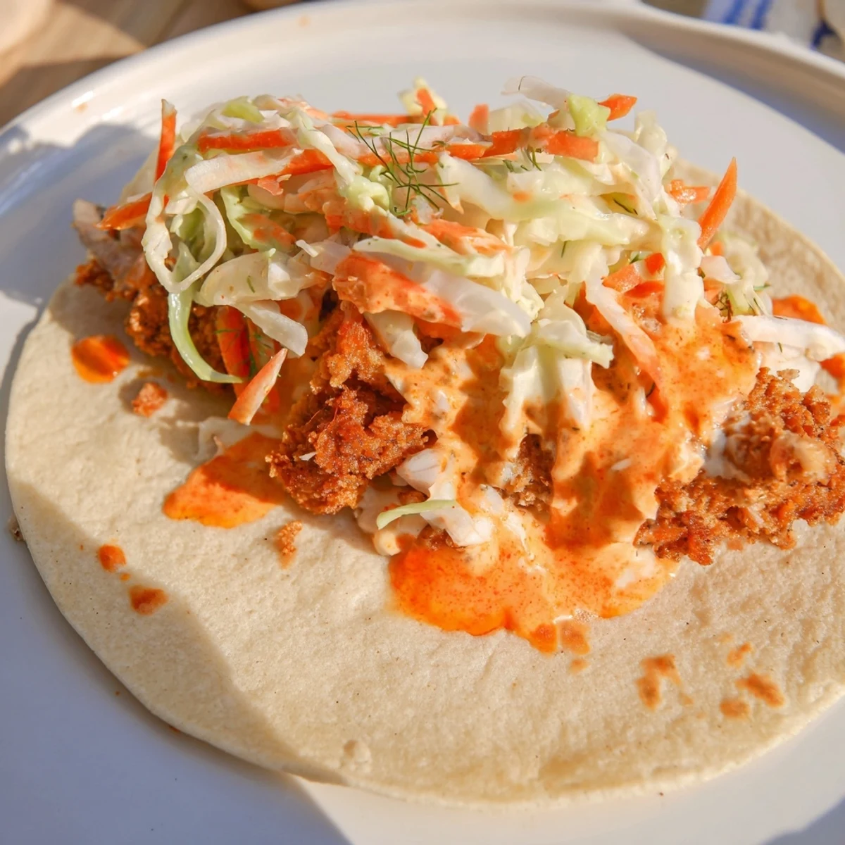 Crispy Buffalo Chicken Smash Burger Tacos with vibrant, creamy ranch slaw, ready to eat.