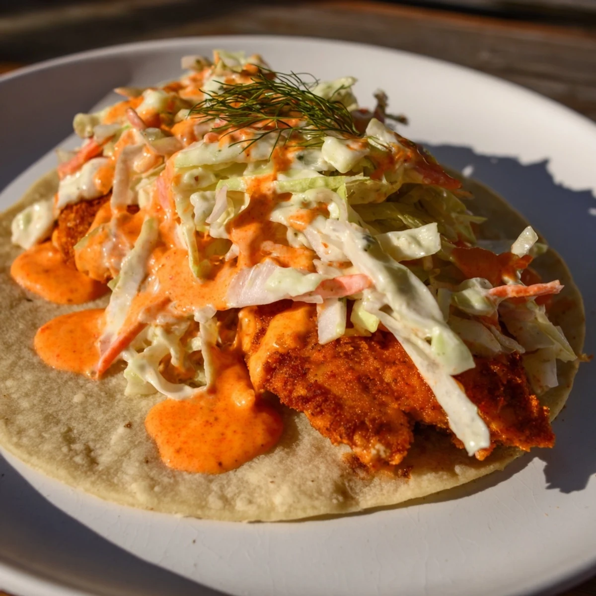 Golden-brown Buffalo Chicken Smash Burger Tacos: a quick, easy, and totally satisfying American meal!