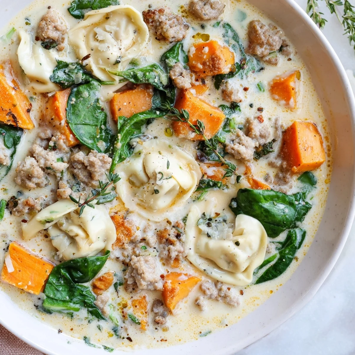 Steaming bowl of creamy Sausage Tortellini Soup showcasing tender sweet potatoes and fresh spinach.