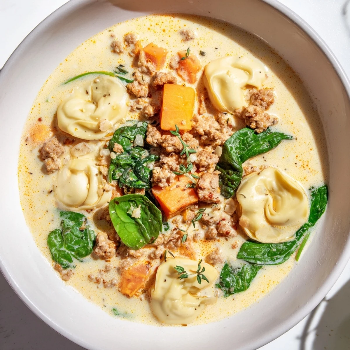 A close-up view of the rich, savory Creamy Sausage Tortellini Soup, perfect for a cozy dinner.