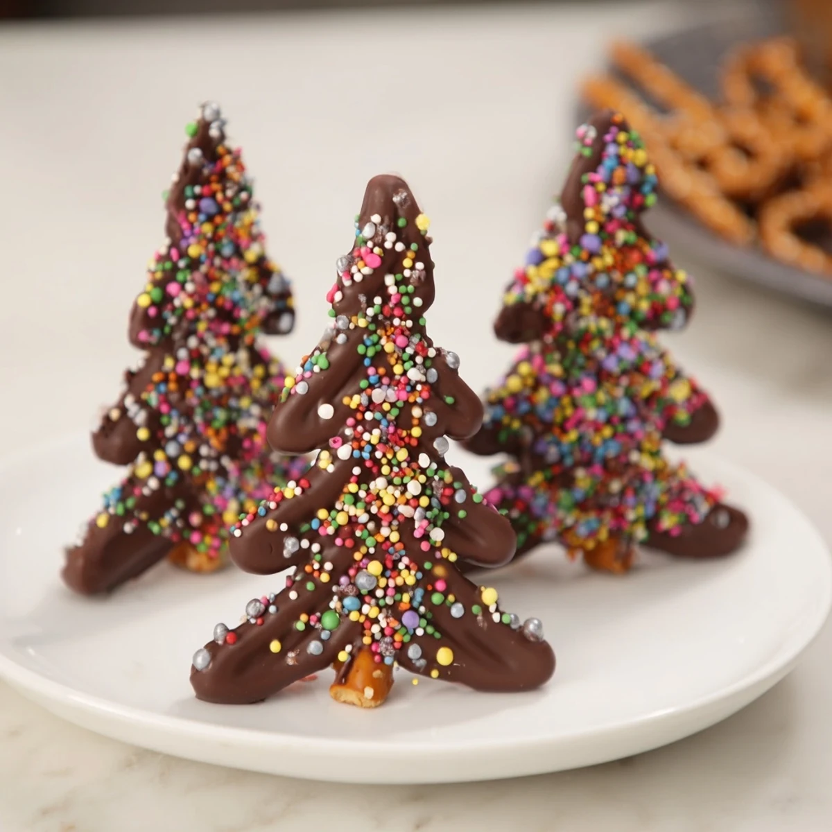 Vibrant overhead shot of finished Express Chocolate Christmas Trees: festive, sweet, and ready for your holiday serving platter!
