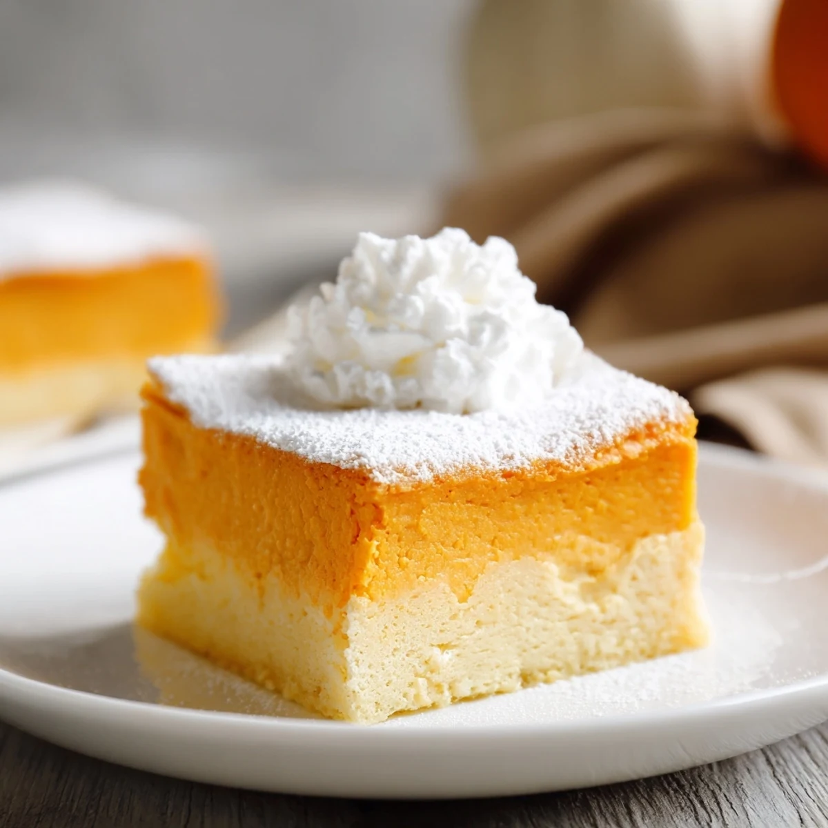 Golden, fluffy pumpkin magic cake, a perfect autumn dessert dusted with powdered sugar.