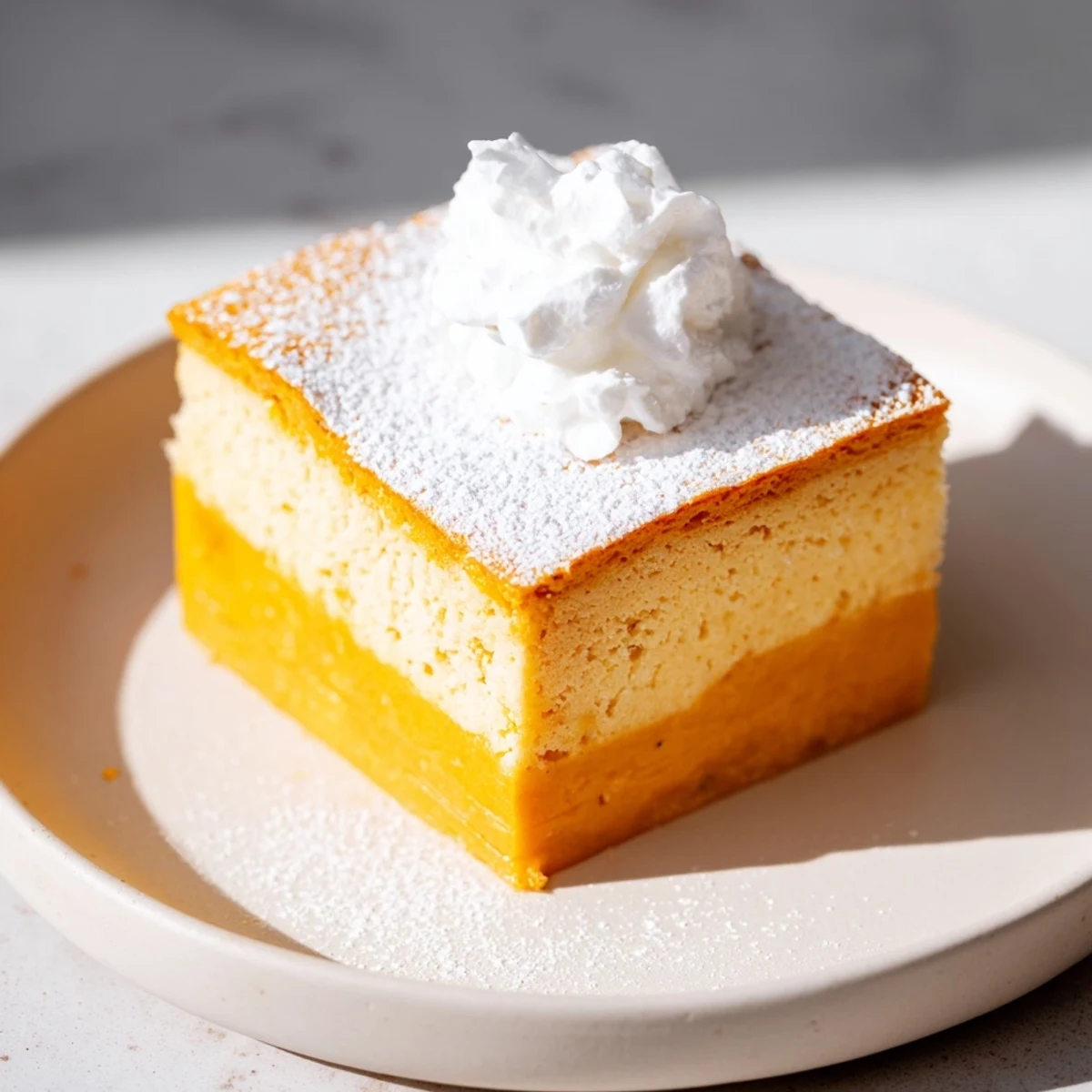 A slice of warm pumpkin magic cake, showcasing its creamy custard and airy sponge layers.
