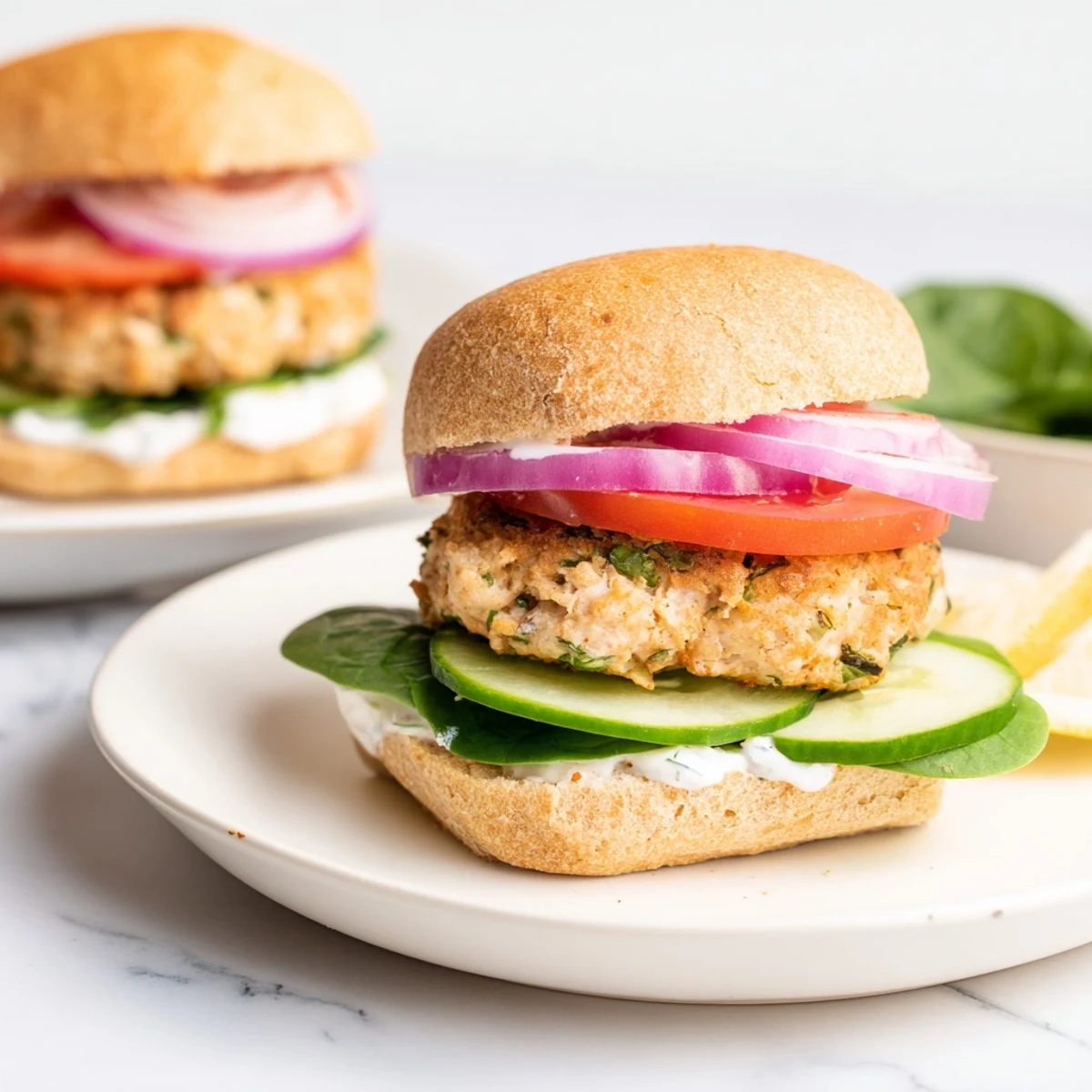 Golden brown Healthy Baked Chicken Sliders on whole wheat buns, ready to be enjoyed with fresh toppings.