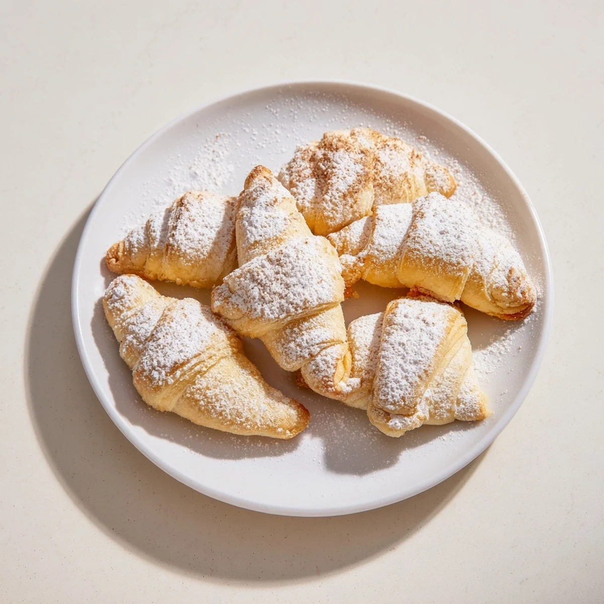 Golden, lightly browned Quick Christmas Cookie Croissants dusted with sweet powdered sugar and cinnamon, ready to eat.