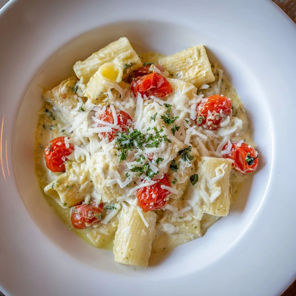 Four-Cheese Baked Block Pasta with melted mozzarella and bursting tomatoes, ready to serve.