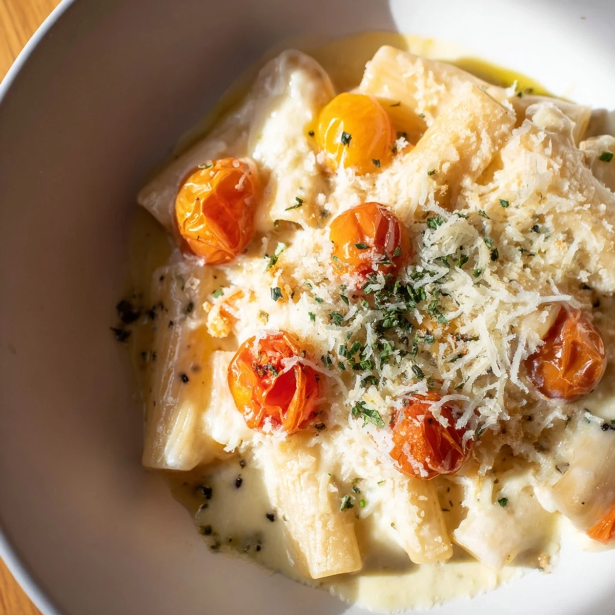 Cheesy Four-Cheese Baked Block Pasta bubbling hot, with parmesan sprinkled on top.