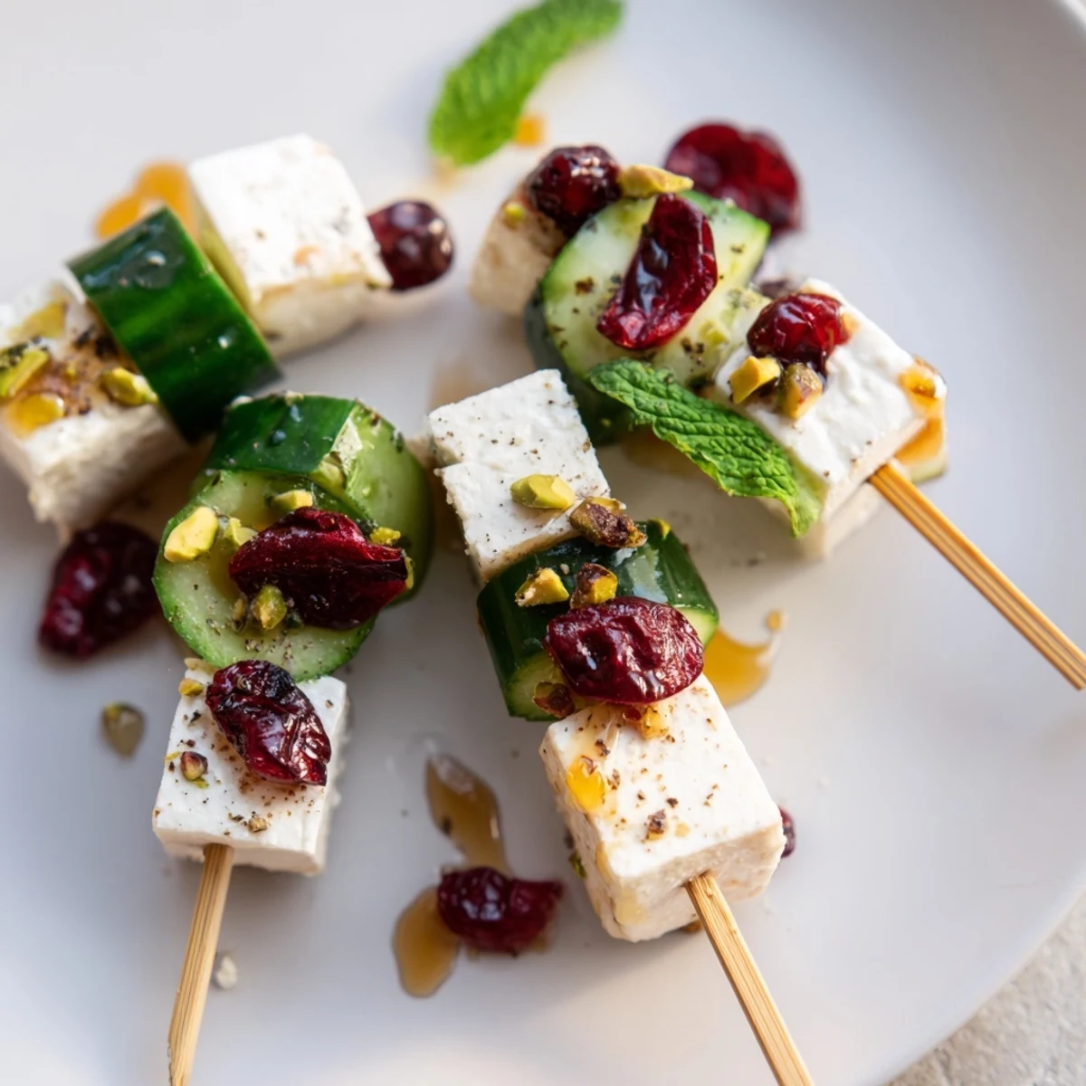 Bright, fresh Holiday Cranberry-Feta Skewers: a vibrant appetizer with feta, cranberries, and honey drizzle.