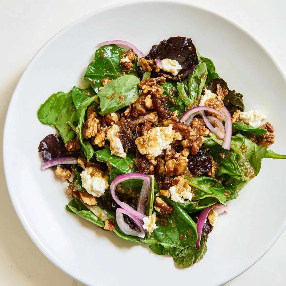 Elegant Spiced Honey and Date Goat Cheese Salad with sweet dates, drizzled with warm honey dressing.