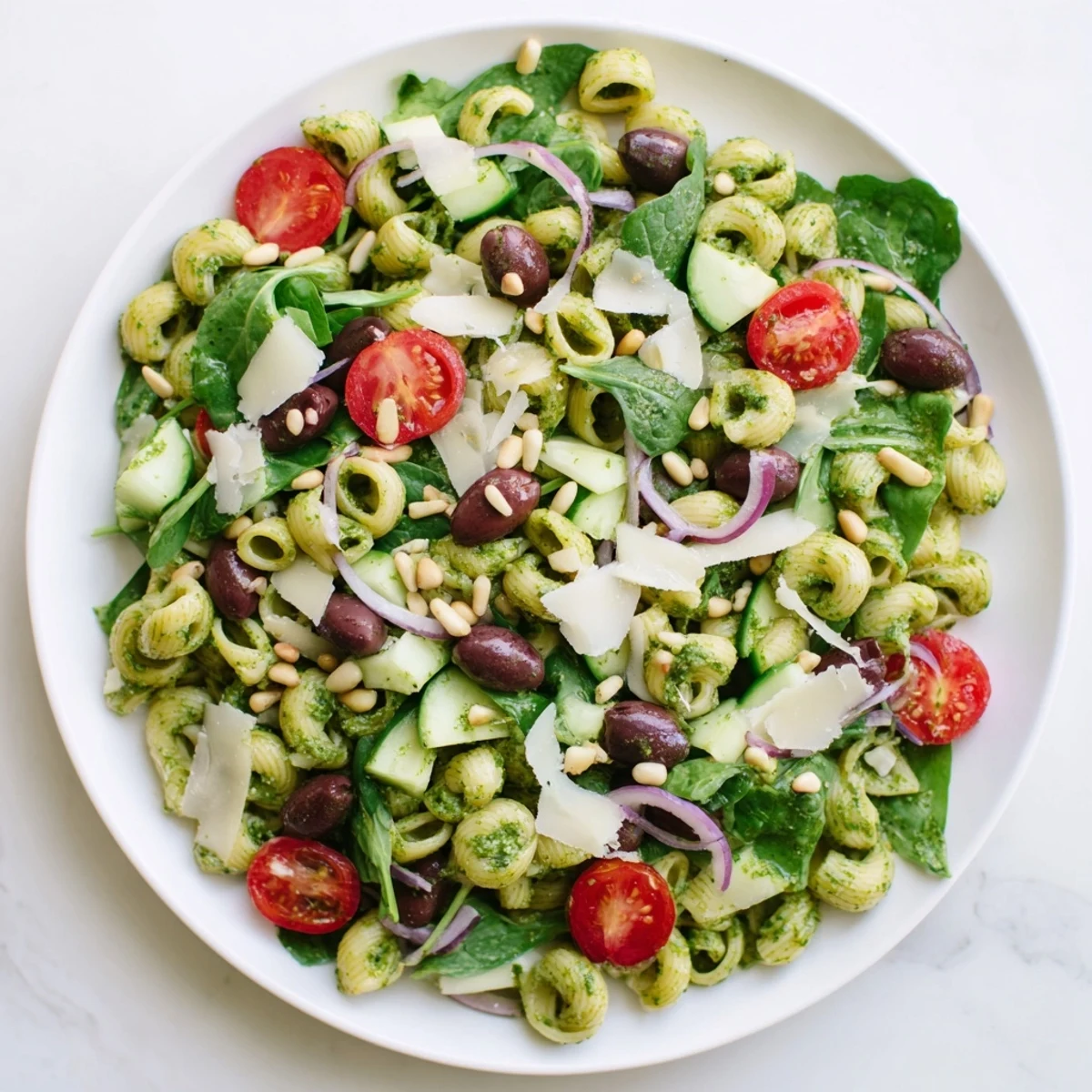 Creamy Caesar Pesto Ditalini Salad with vibrant tomatoes and fresh Parmesan, ready to enjoy.