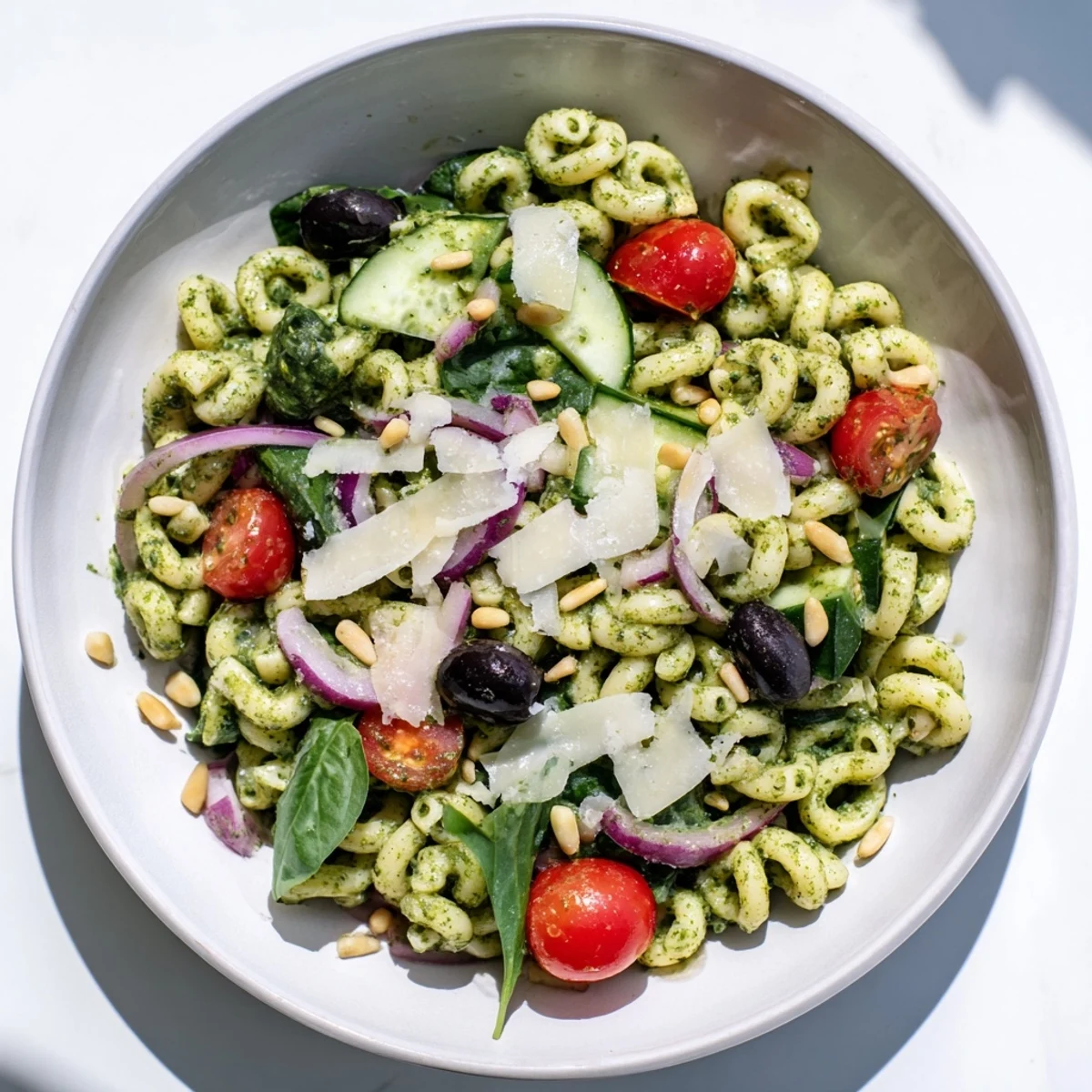 Savory Caesar Pesto Ditalini Salad, a chilled pasta dish with colorful vegetables and basil notes.